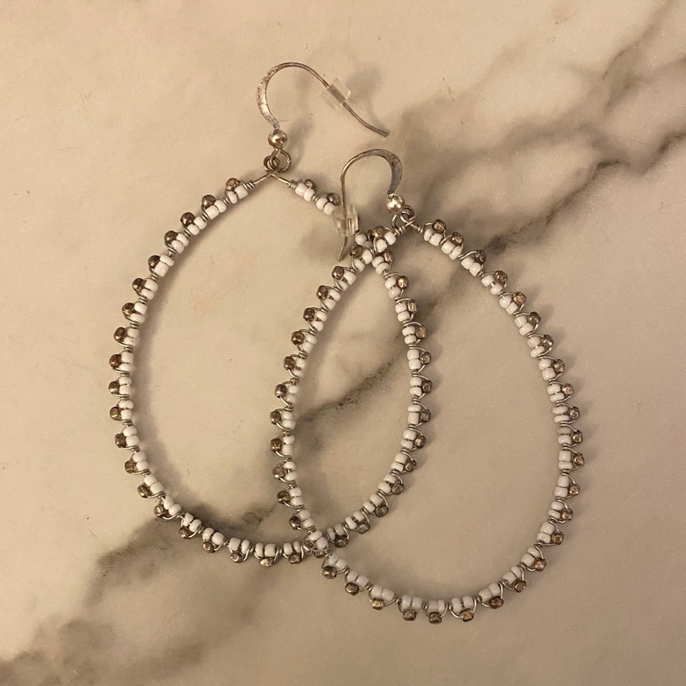 Elegant White and Silver Beaded Hoop Earrings